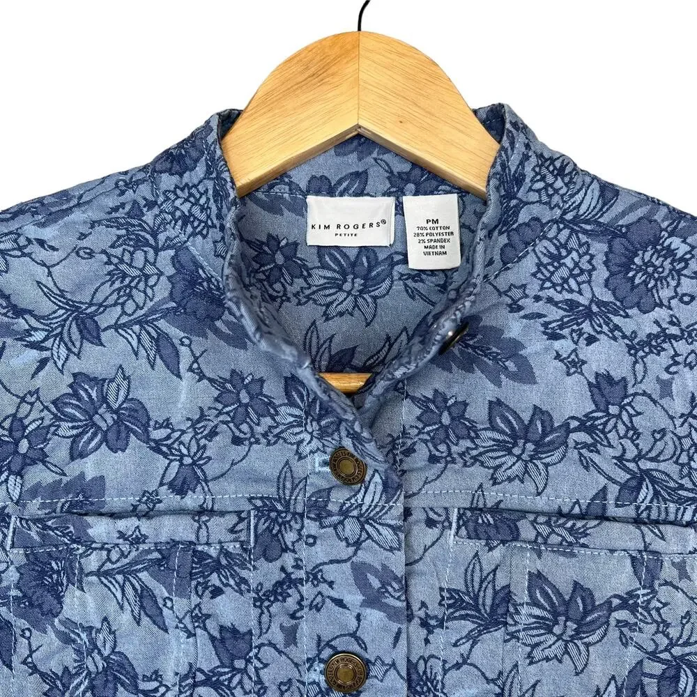 Kim Rogers Blue Floral Quilted Jacquard Button-Front Jacket Sz PM Cotton Blend - Picture 2 of 14